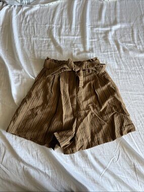High-Waist Brown Striped Paperbag Shorts